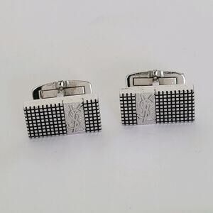 Yves Saint Laurent YSL Silver Tone Rectangle Logo Cufflinks Designer Geometric